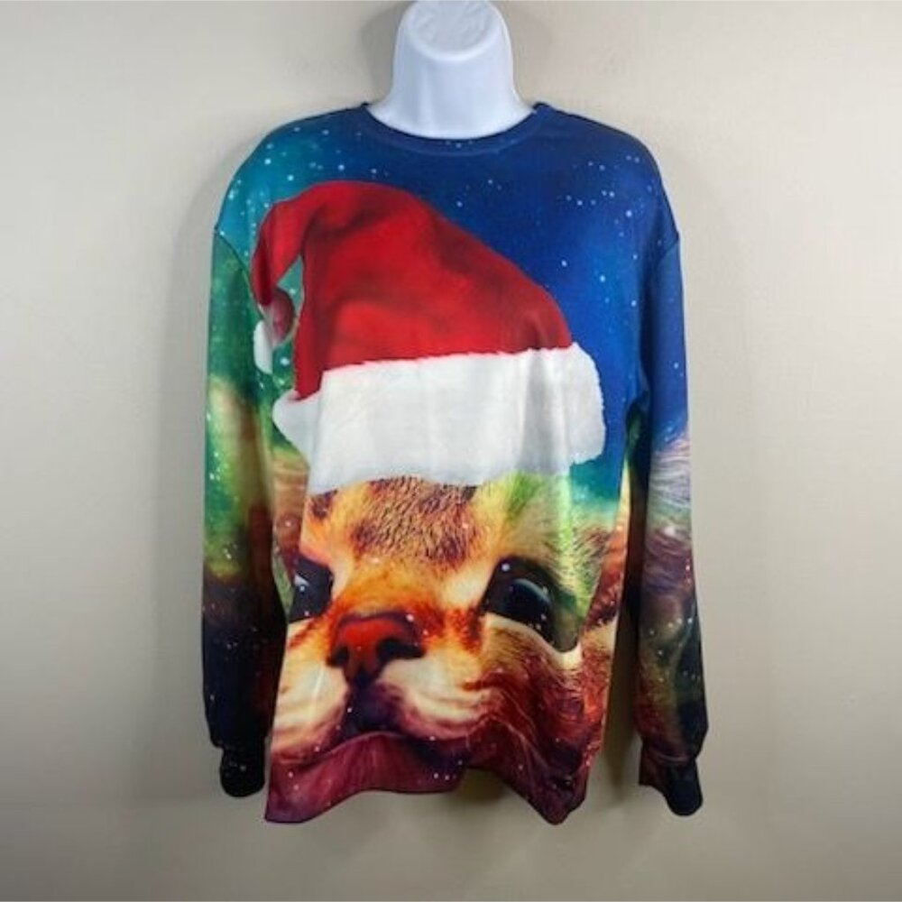 All Over Print Cat Christmas Womens Funny Top Xlarge Santa Long Sleeve Pullover‎